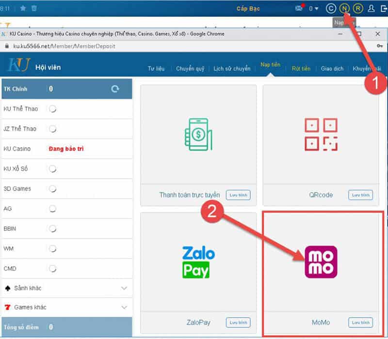 nạp tiền qua momo